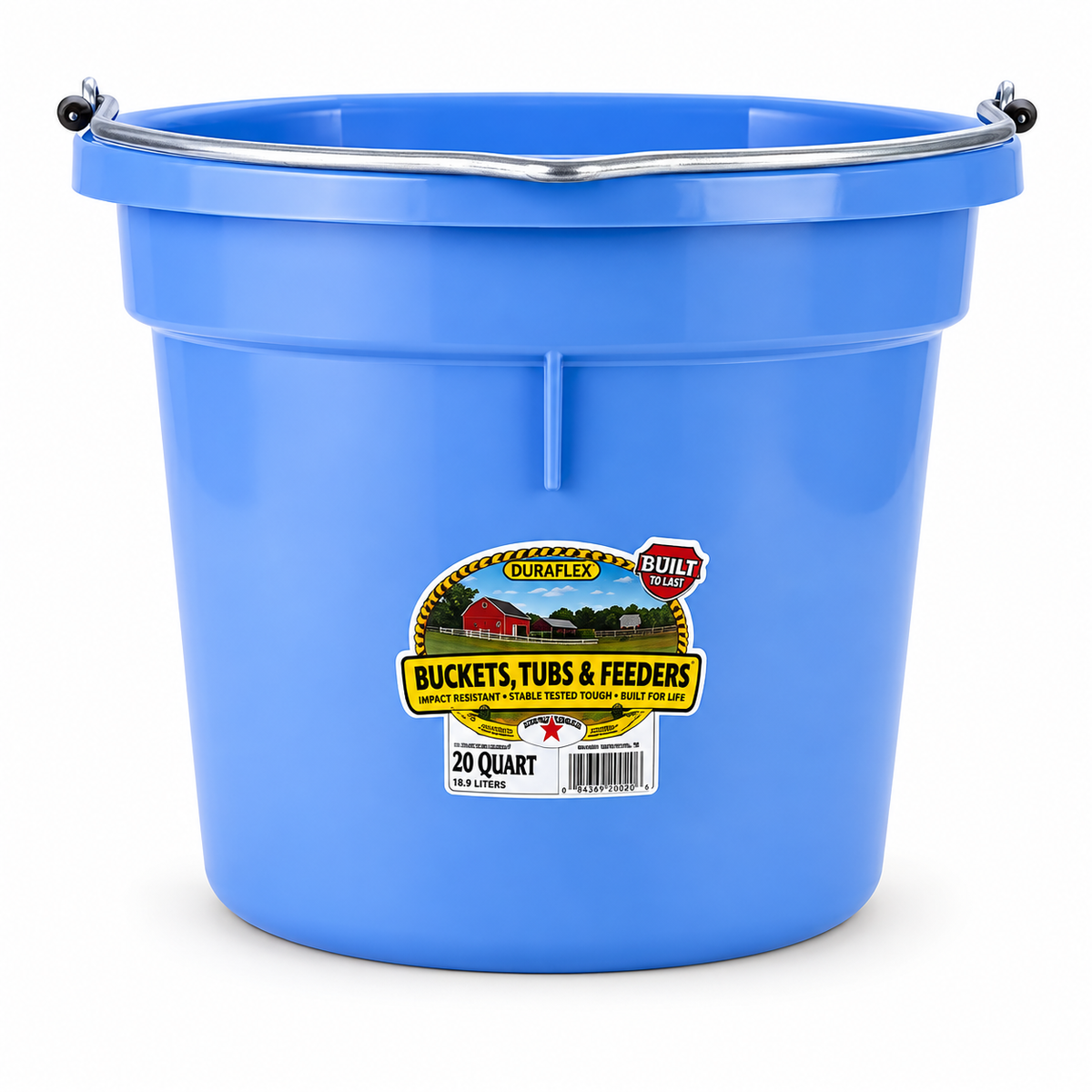Miller MFG berry blue flat back plastic bucket, 20 quart, with heavy duty wire bail handle