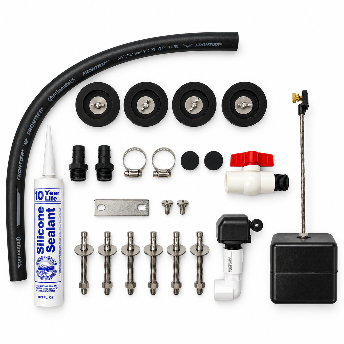 Miraco parts bag 165 contents laid out, the replacement parts kit for the BIGspring 6200, 6300 and 6400 automatic waterers