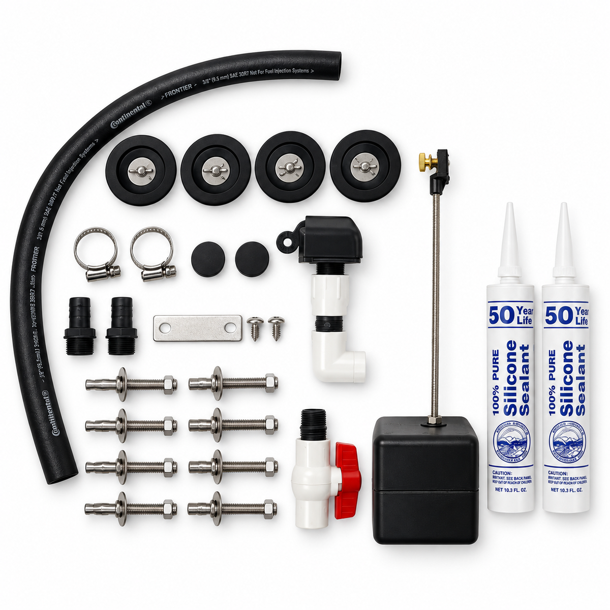 Miraco parts bag 187 contents laid out, the replacement parts kit for the BIGspring 6500 automatic waterer