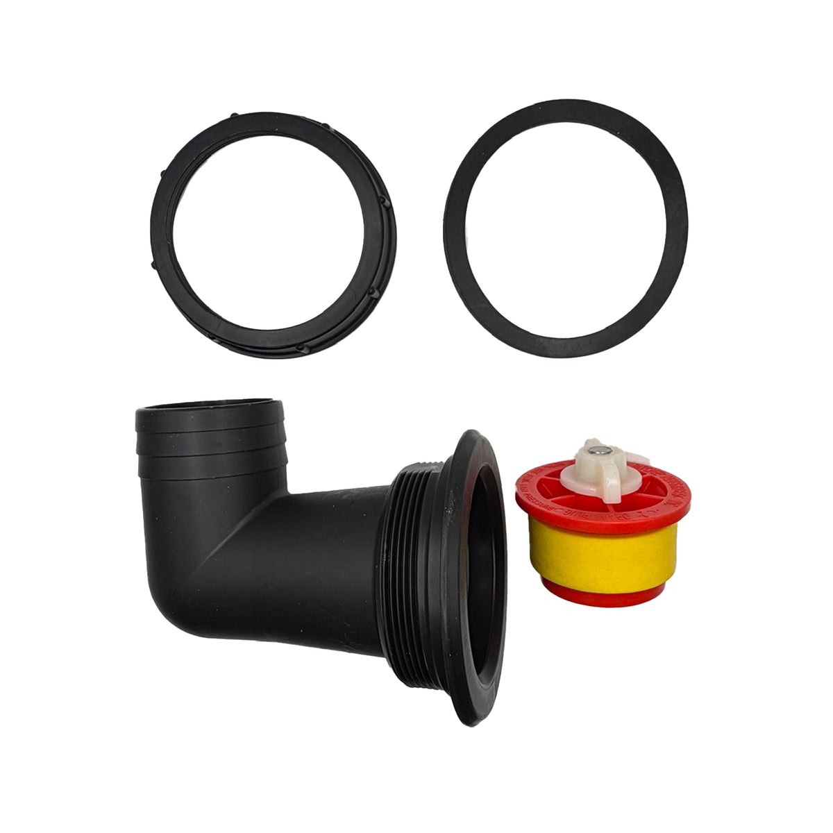 Ritchie 18852 CattleMaster drain elbow, plug and o-rings, side view