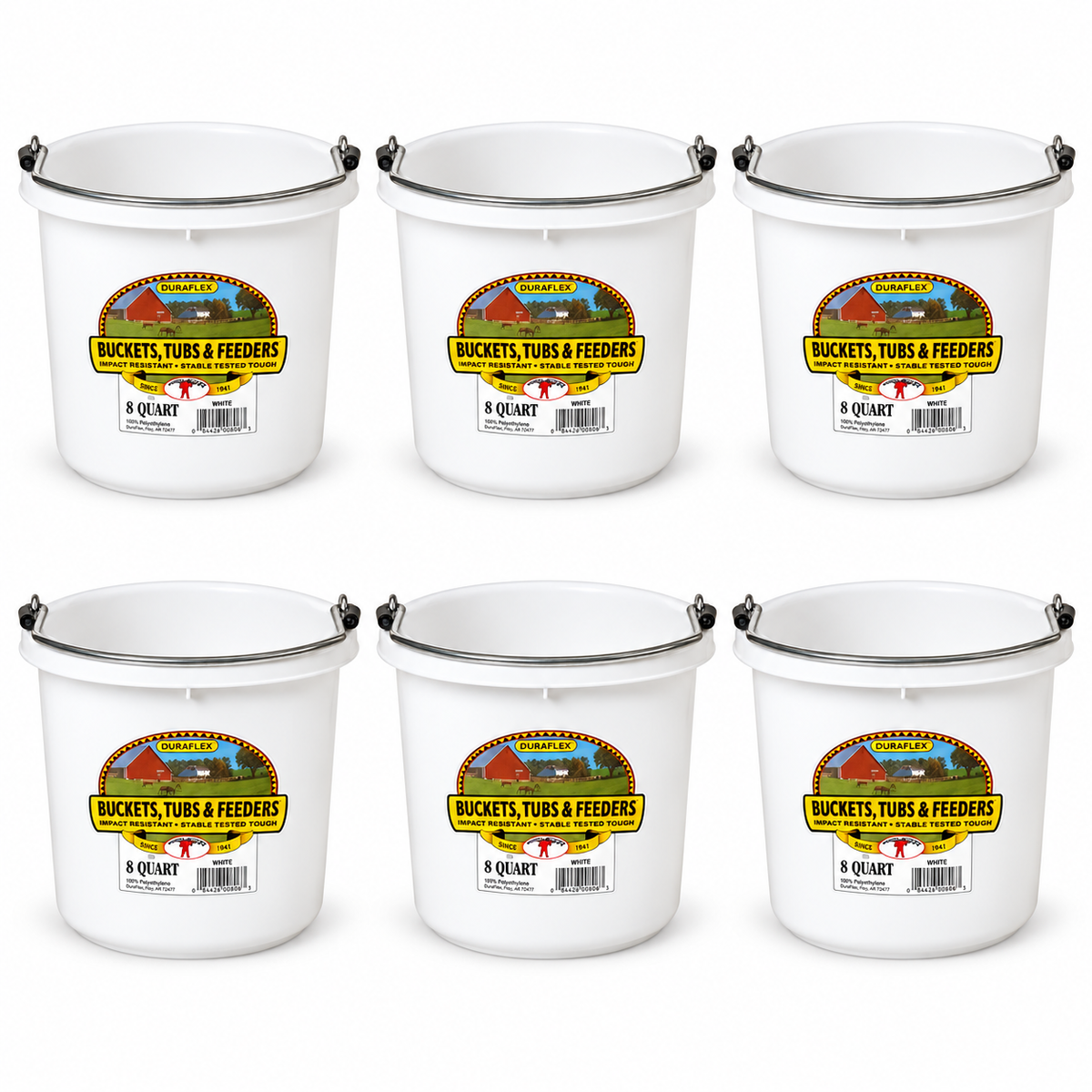 Little Giant 8 quart round plastic buckets in white, 6 pack