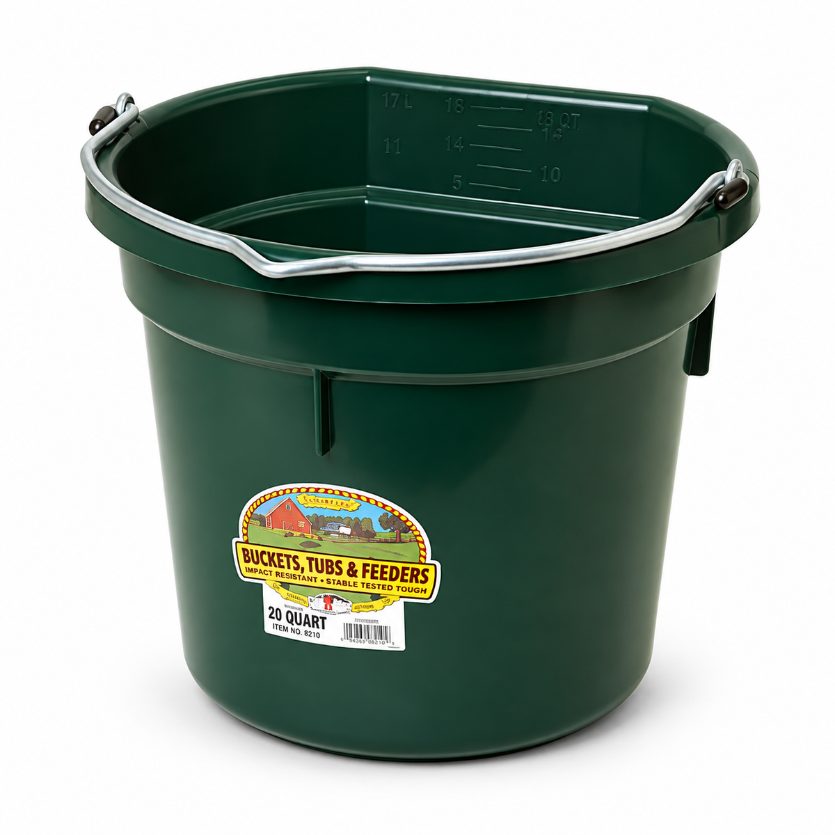 Miller MFG green flat back plastic bucket, 20 quart, with heavy duty wire bail handle