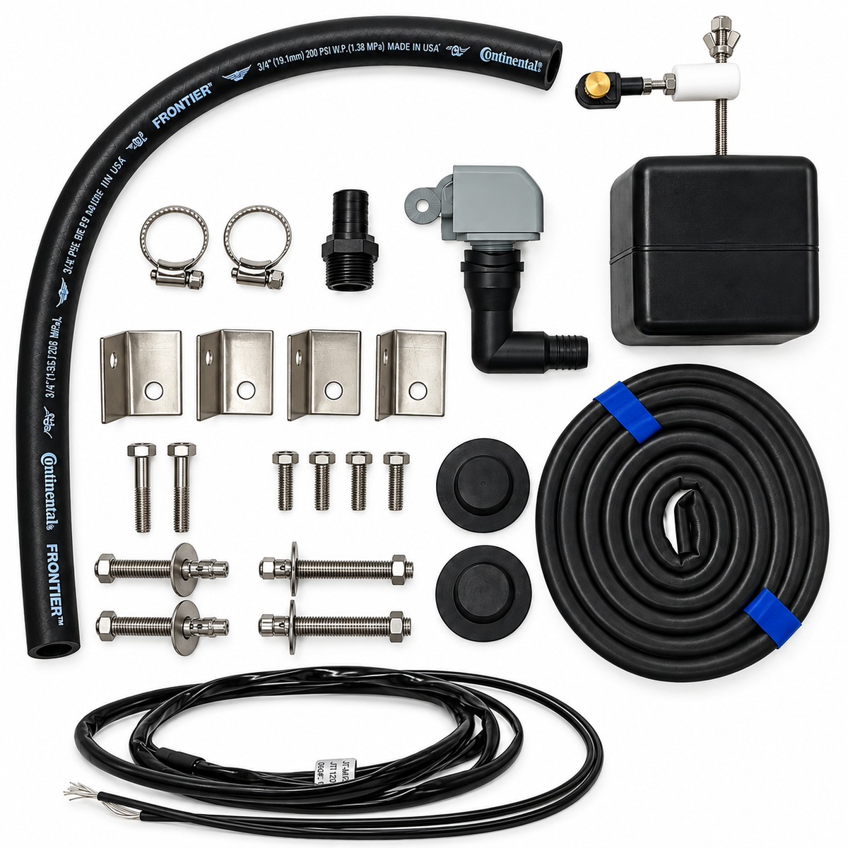 Miraco 3465E parts bag 459-5 laid out, valve assembly, float assembly, heat cable, bottom gasket, anchor bolts, washers, nuts, anchor clips and rubber drain plugs