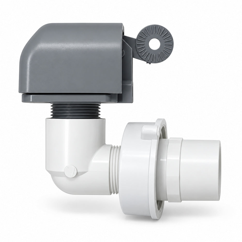 Miraco 522 valve assembly, angled view showing the inlet and outlet elbows