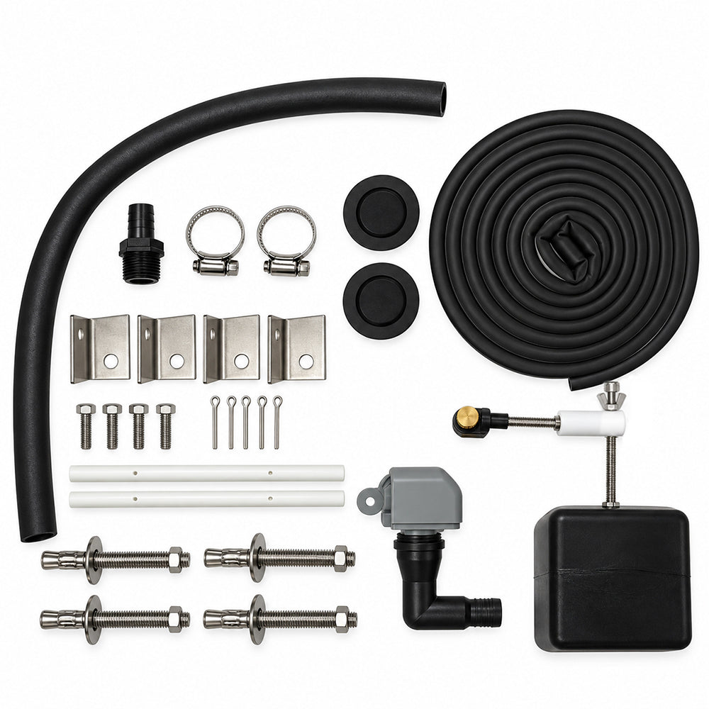 Miraco 3354-S parts bag 653 laid out, valve assembly, float assembly, bottom gasket, anti syphon device, anchor bolts, washers, nuts, anchor clips, cotter keys and rubber drain plugs