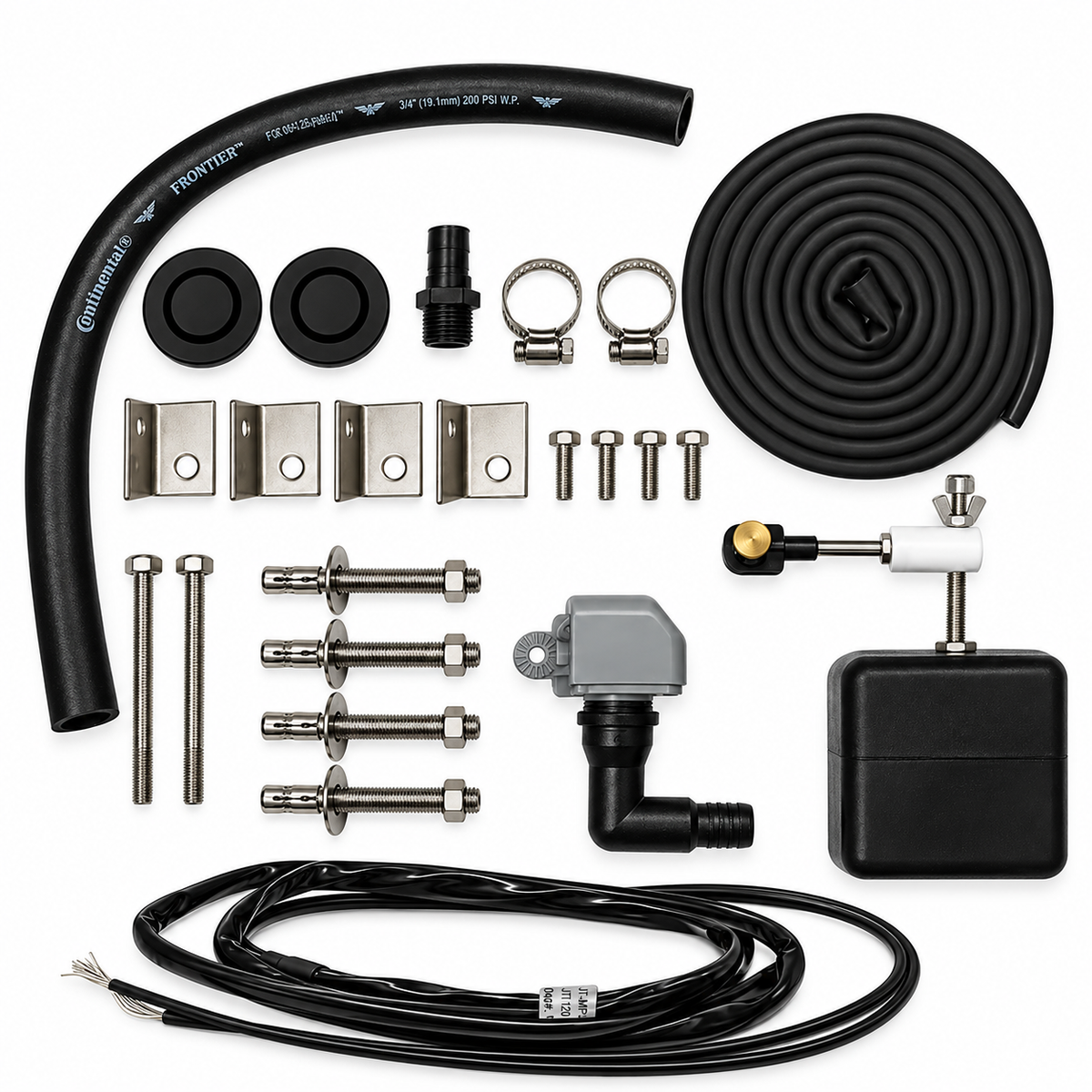 Miraco 3390E parts bag 694-5 laid out, valve assembly, float assembly, heat cable, bottom gasket, flex hose, anchor bolts, anchor clips and rubber drain plugs