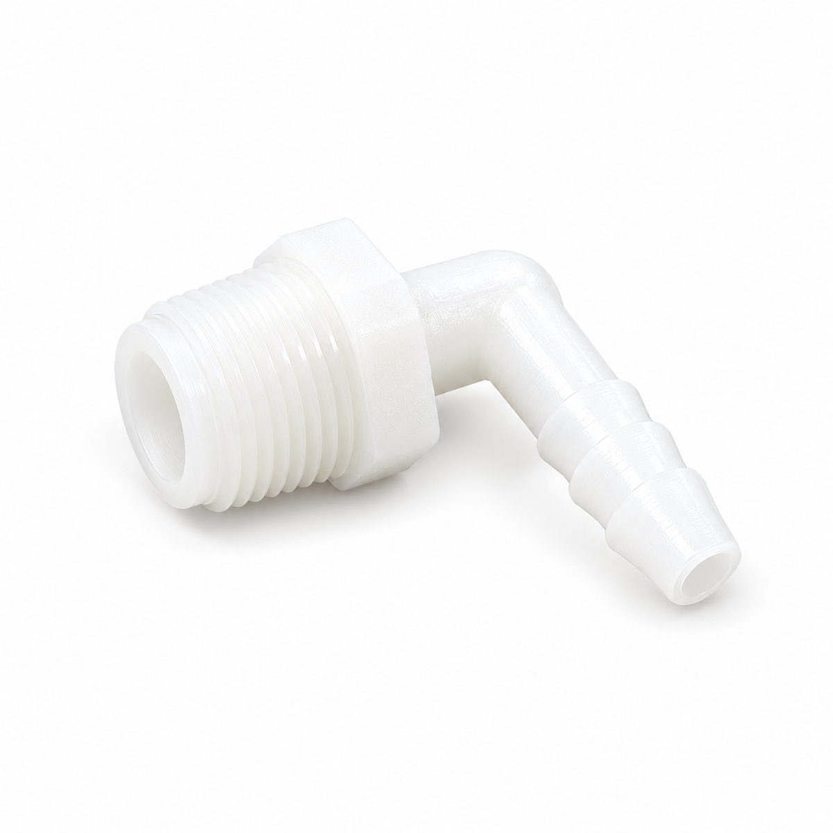 Smucker HE3814 three eighths inch MPT by quarter inch hose barb elbow for LandMark foam markers