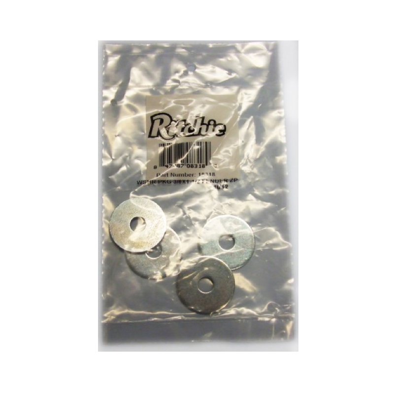 A clear plastic package containing several steel flat washers, with the brand name 'Ritchie' visible on the packaging.