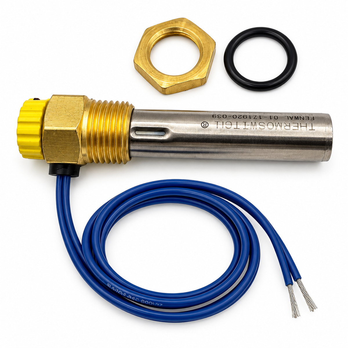 Ritchie 16534 Fenwal thermostat, brass nut and O-ring, angled view