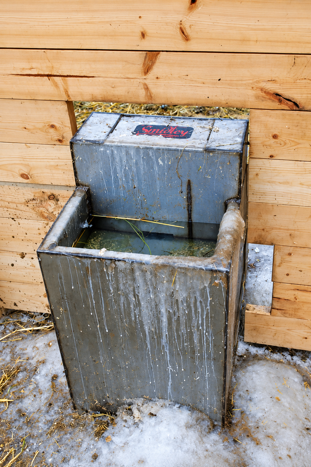 Smidley cattle fountain set through a barn wall, insulated top lid closed and the stainless trough holding open water in winter