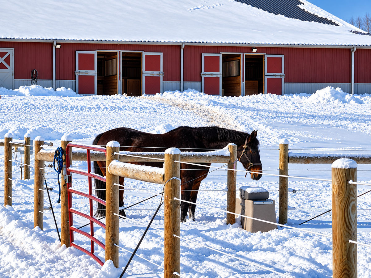 Classic Equine by Ritchie UltraFount in a fence line at a barn in winter with a horse drinking