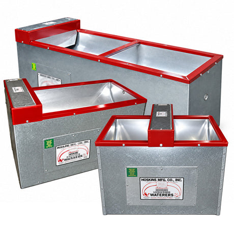 Hoskins automatic cattle waterers, galvanized frames with red trim and stainless steel tanks