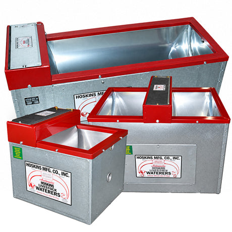 Hoskins automatic sheep waterers, narrow 20 inch wide stainless steel troughs on galvanized frames