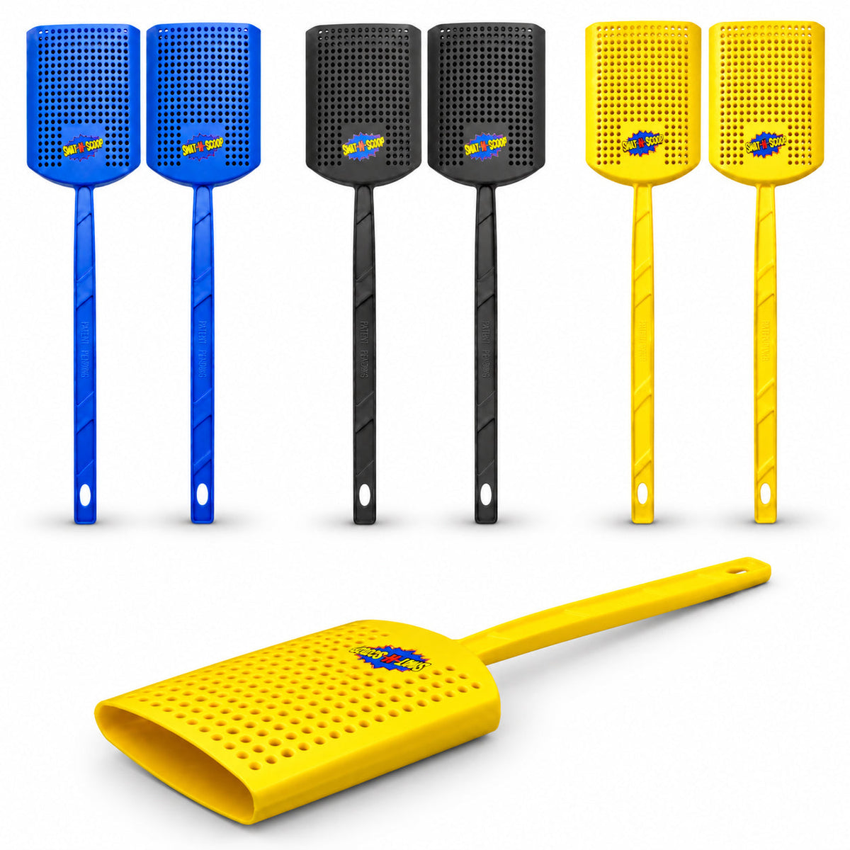Swat-N-Scoop fly swatters with built-in bug scoops in blue, charcoal and yellow