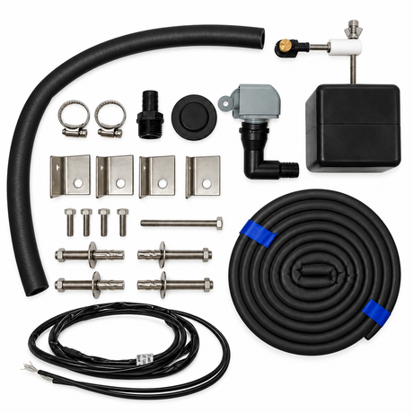 Miraco 3345E parts bag 106-5 laid out, valve assembly, float assembly, heat cable, bottom gasket, anchor bolts, washers, nuts, anchor clips and rubber drain plug