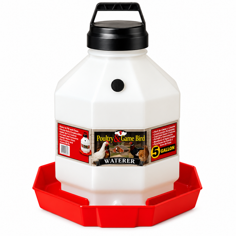 Little Giant PPF5 5 gallon plastic poultry and game bird waterer, translucent jug with snap lock cap on a red octagon base, part 11251021