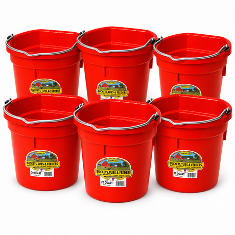 Six Miller MFG red flat back plastic buckets, 20 quart each