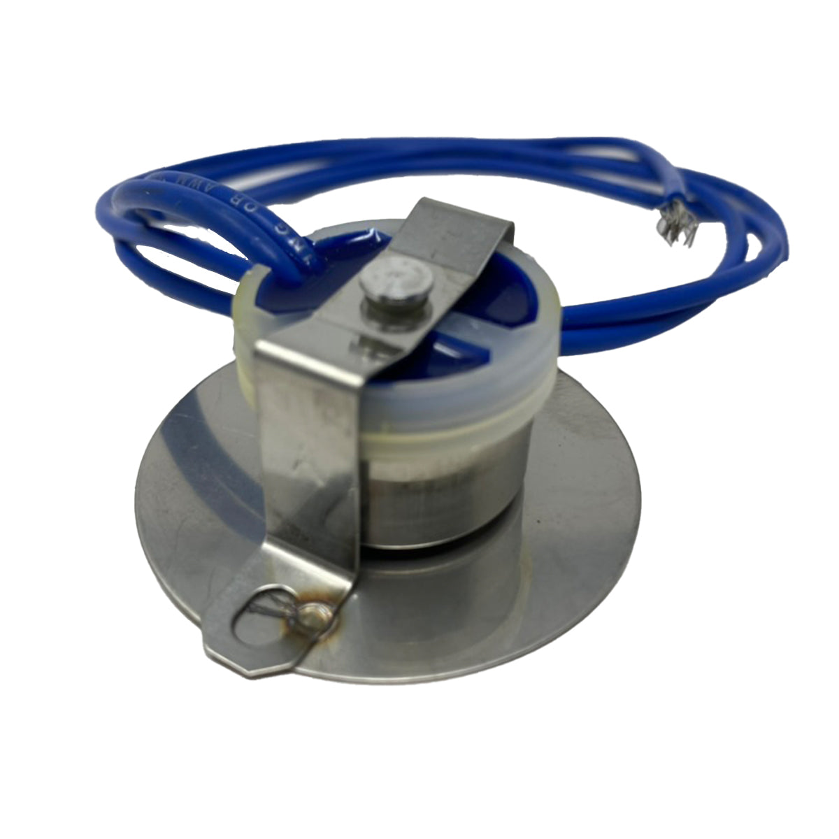 Metal component with blue wires on a white background
