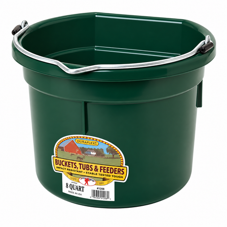 Miller MFG green flat back plastic bucket, 8 quart, with heavy duty wire bail handle
