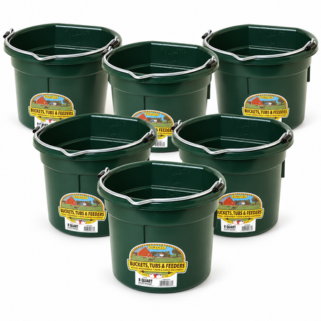 Six Miller MFG green flat back plastic buckets, 8 quart each