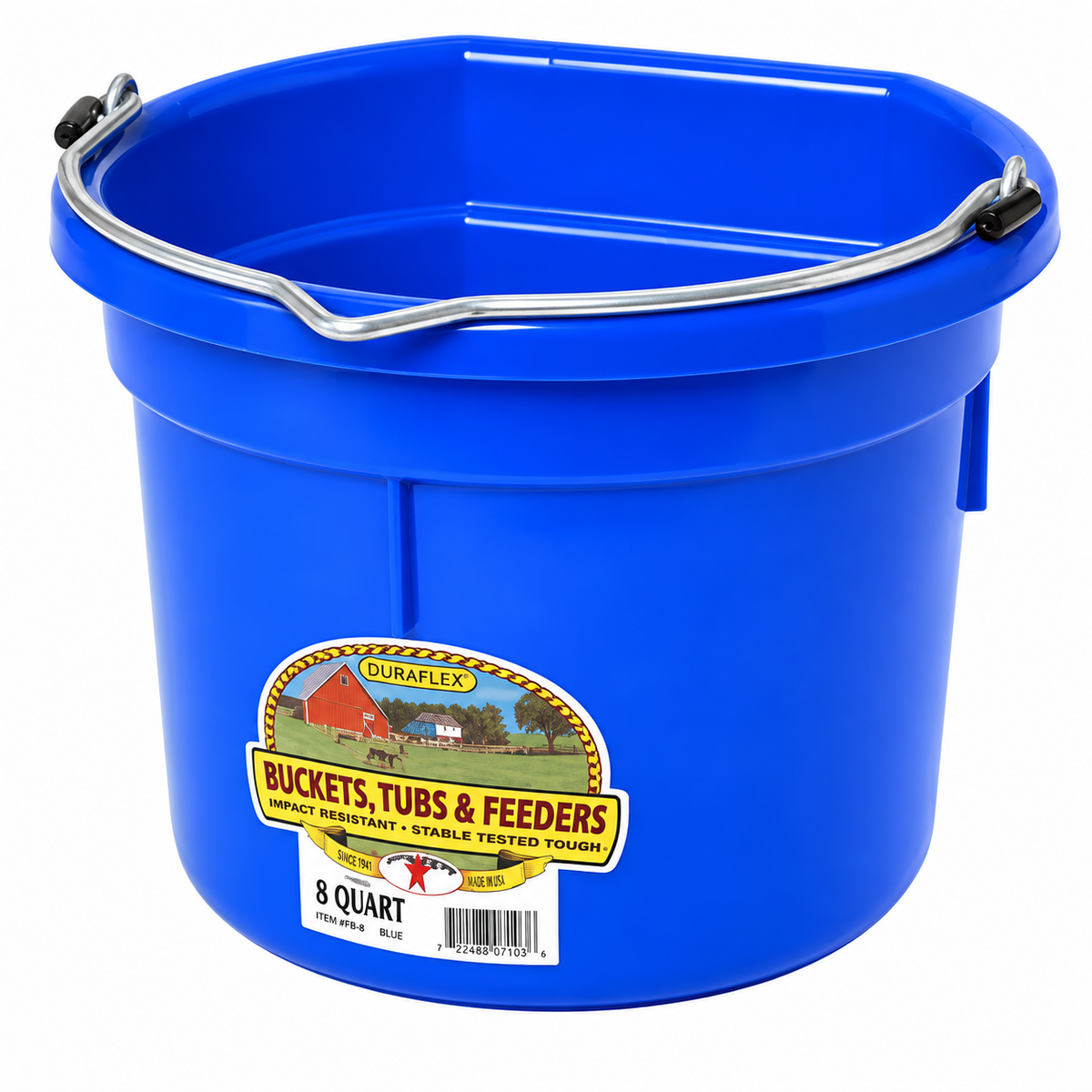 Miller MFG blue flat back plastic bucket, 8 quart, with heavy duty wire bail handle