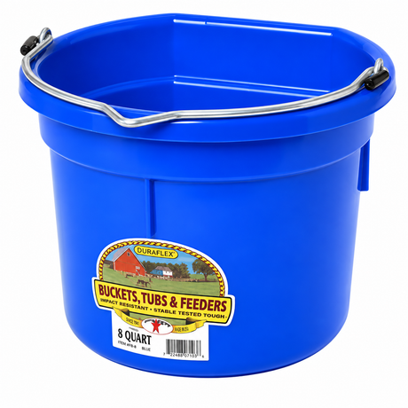 Miller MFG blue flat back plastic bucket, 8 quart, with heavy duty wire bail handle
