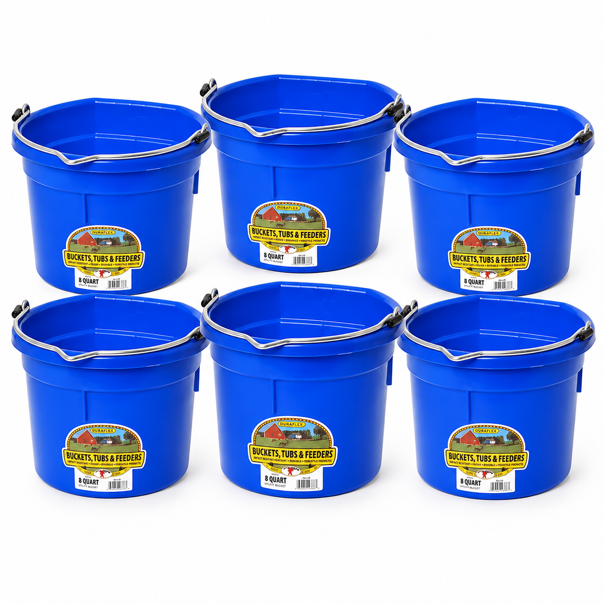 Six Miller MFG blue flat back plastic buckets, 8 quart each