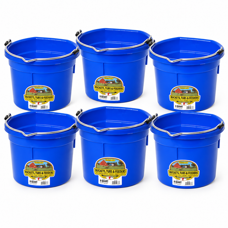 Six Miller MFG blue flat back plastic buckets, 8 quart each