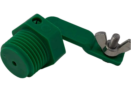 Green mechanical component with a silver screw on a gray background
