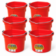 Six Miller MFG red flat back plastic buckets, 8 quart each