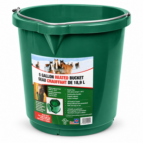 Farm Innovators FB-120 five gallon flat back heated bucket with bail handle and anti-chew cord protector