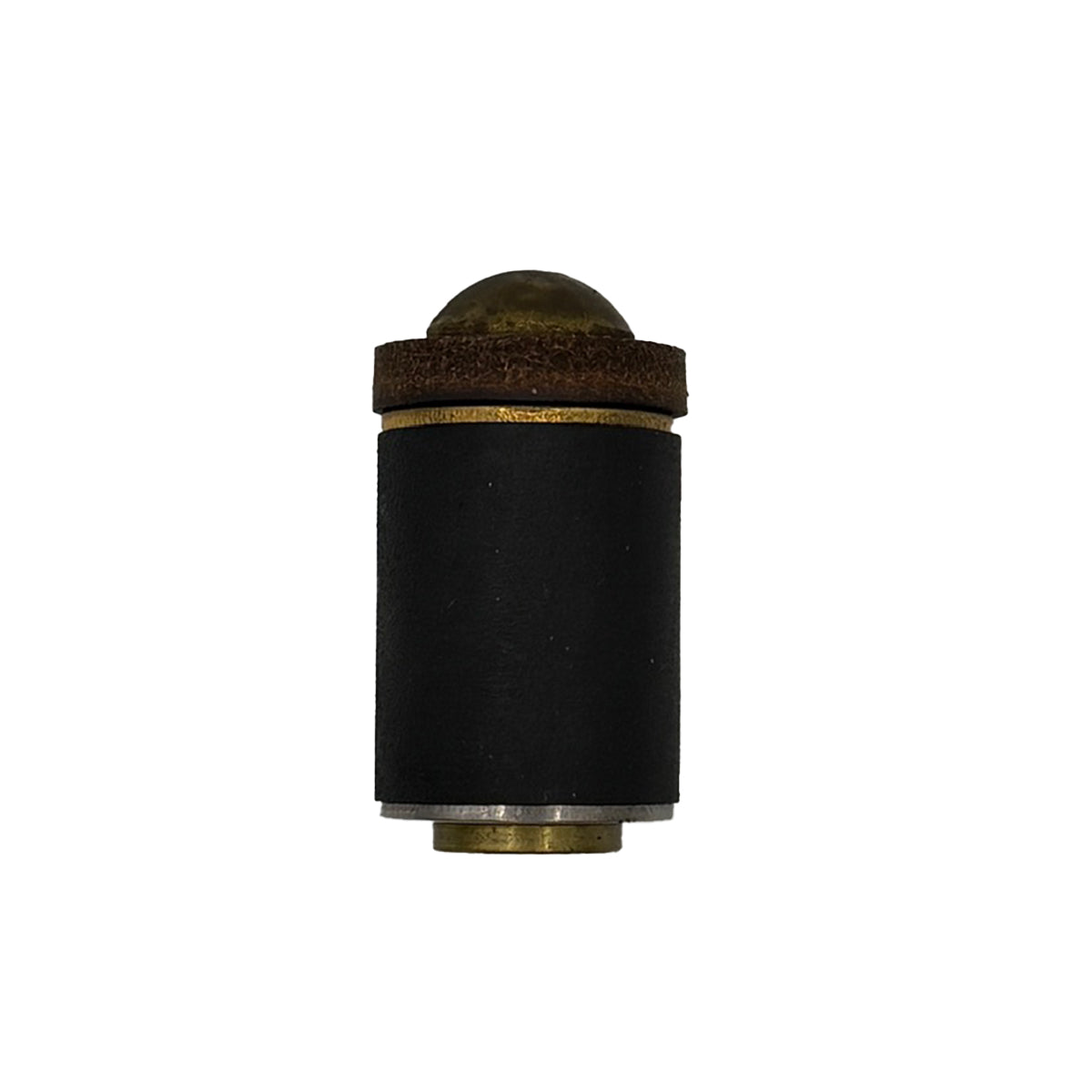 Black cylindrical object with cork-like top on a white background