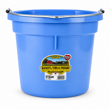 Miller MFG berry blue flat back plastic bucket, 20 quart, with heavy duty wire bail handle