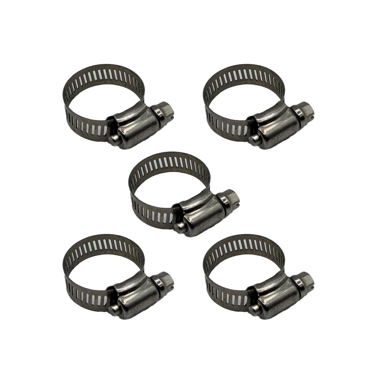 Five metal hose clamps on a white background