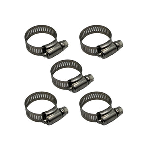 Five metal hose clamps on a white background