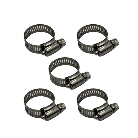 Five metal hose clamps on a white background