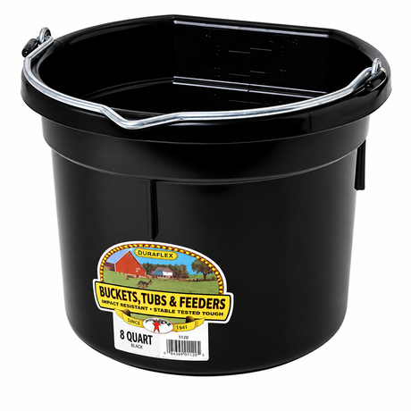 Miller MFG black flat back plastic bucket, 8 quart, with heavy duty wire bail handle