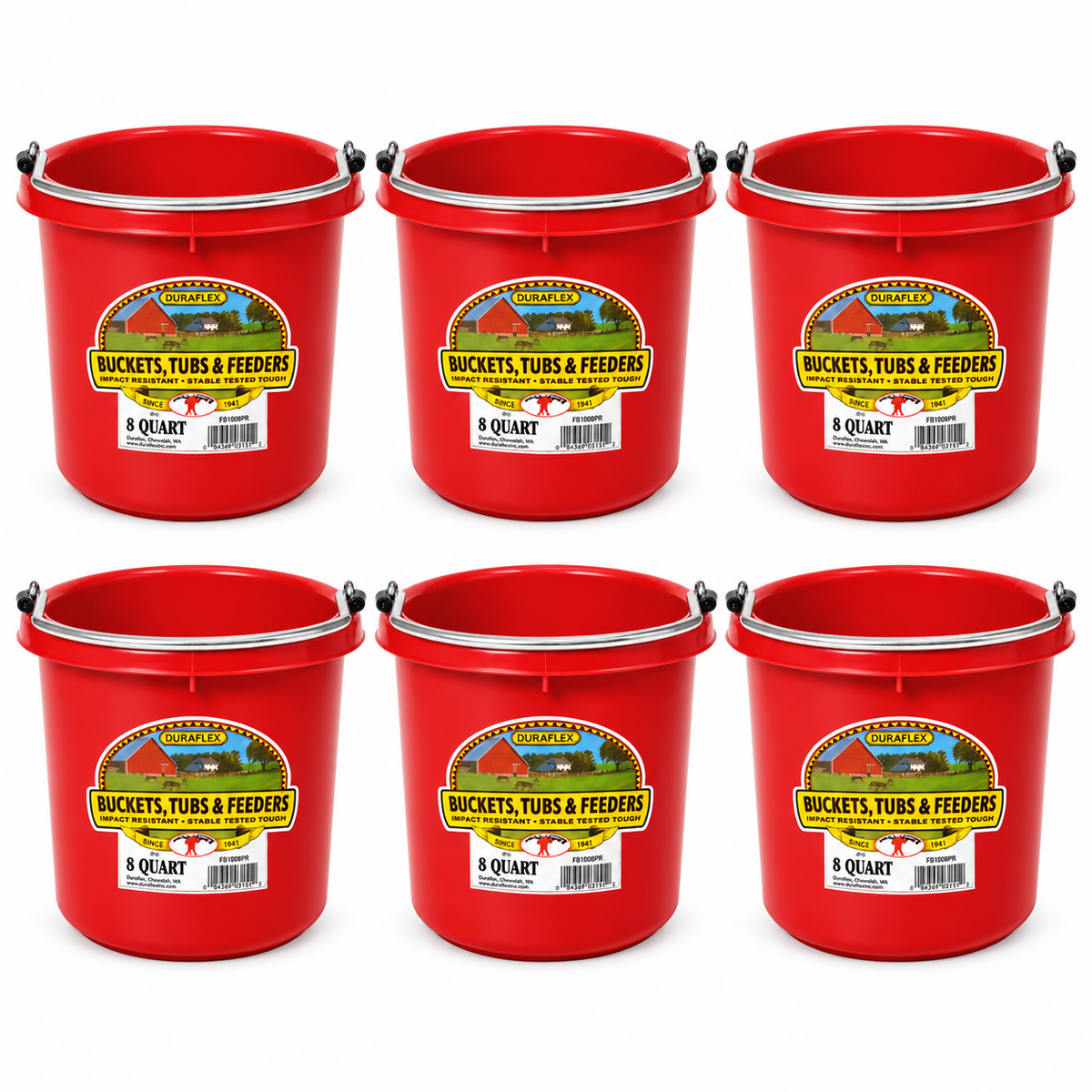 Little Giant 8 quart round plastic buckets in red, 6 pack