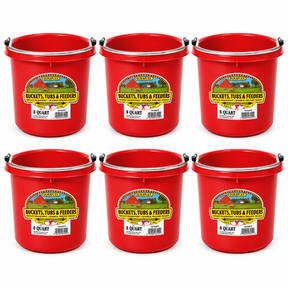 Little Giant 8 quart round plastic buckets in red, 6 pack