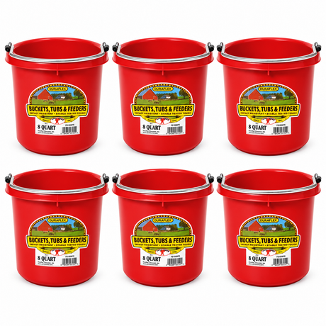 Little Giant 8 quart round plastic buckets in red, 6 pack