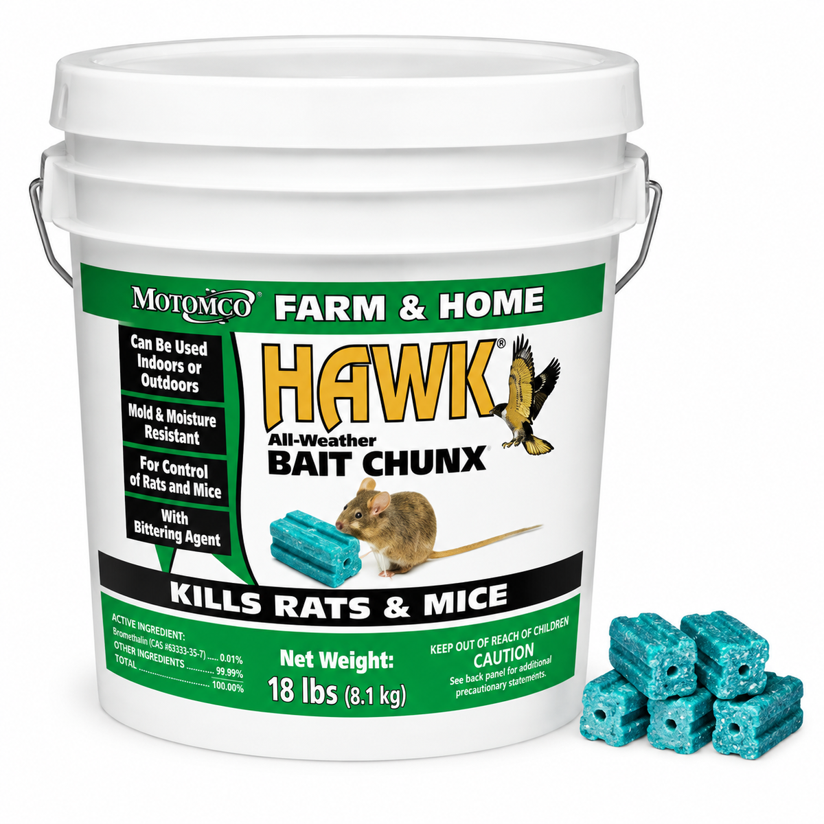 Motomco Hawk All-Weather Rodent Bait Chunx bucket, 18 lbs, part 16955815
