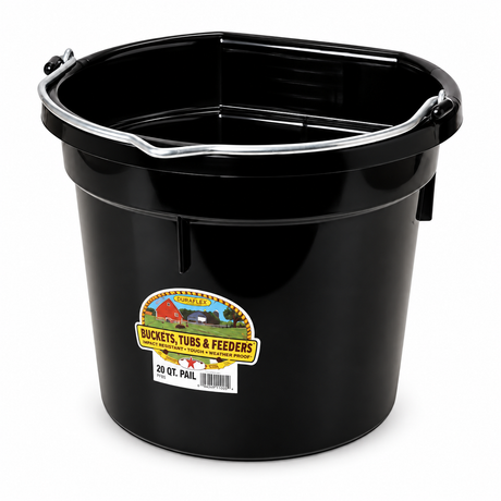 Miller MFG black flat back plastic bucket, 20 quart, with heavy duty wire bail handle