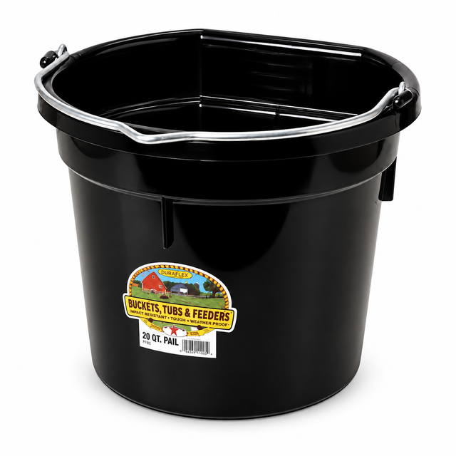 Miller MFG black flat back plastic bucket, 20 quart, with heavy duty wire bail handle