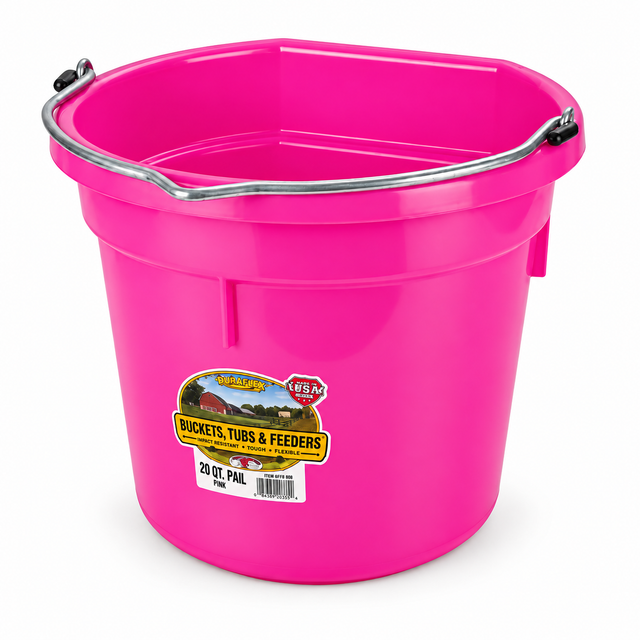 Miller MFG hot pink flat back plastic bucket, 20 quart, with heavy duty wire bail handle