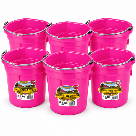 Six Miller MFG hot pink flat back plastic buckets, 20 quart each