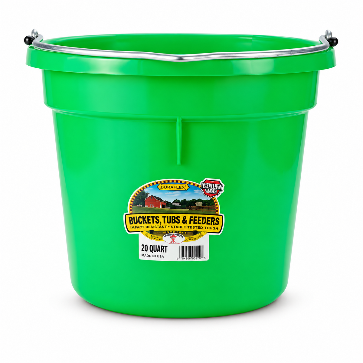 Miller MFG lime green flat back plastic bucket, 20 quart, with heavy duty wire bail handle
