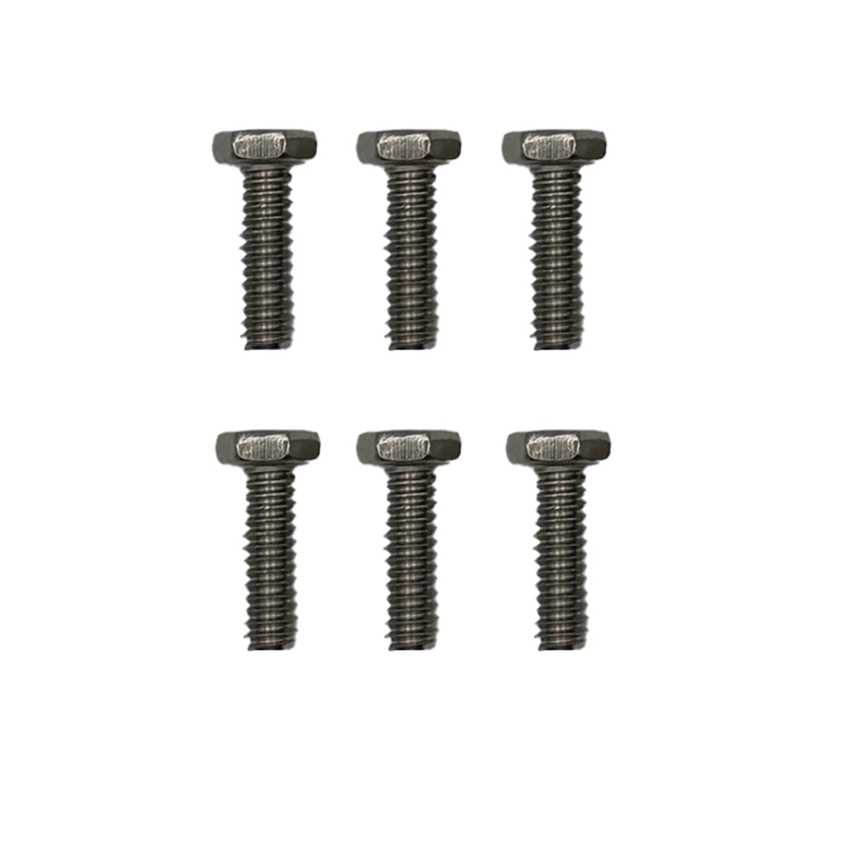 Six metal screws on a white background