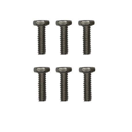 Six metal screws on a white background