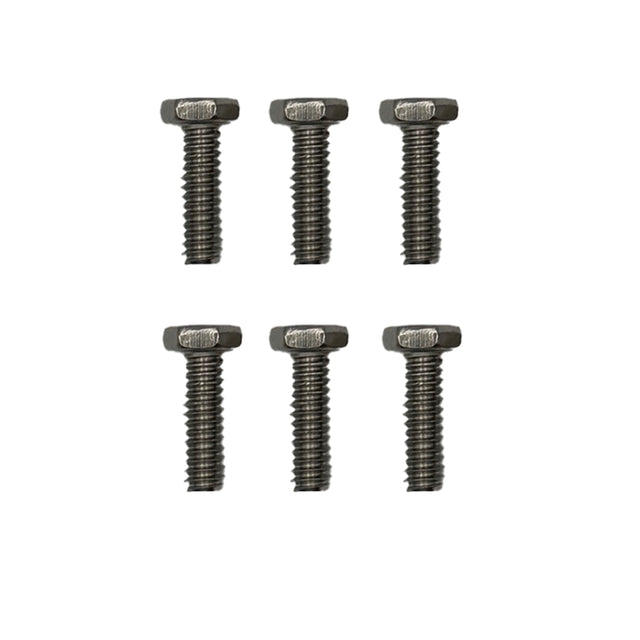 Six metal screws on a white background