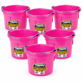 Six Miller MFG hot pink flat back plastic buckets, 8 quart each